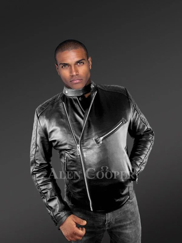 Mens Black Leather Biker Jacket with Quilted Details – Perfect Fusion of Fashion& Function - Image 2