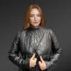 Women’s Biker Leather Jacket with Quilted Sleeves