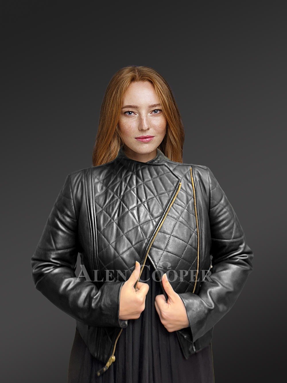 Women’s Biker Leather Jacket with Quilted Sleeves