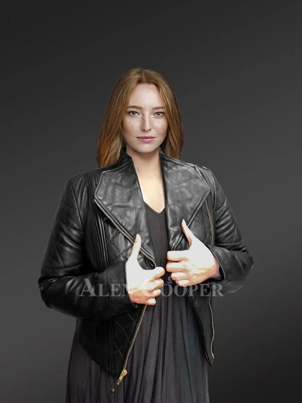 Women’s Biker Leather Jacket with Quilted Sleeves - Image 2