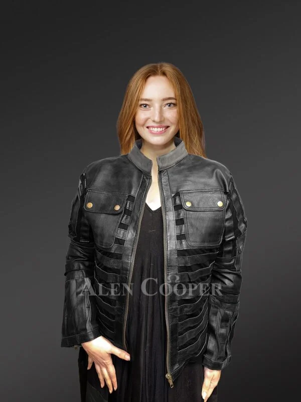 Women’s Biker Leather Jacket with Quilted Sleeves - Image 5