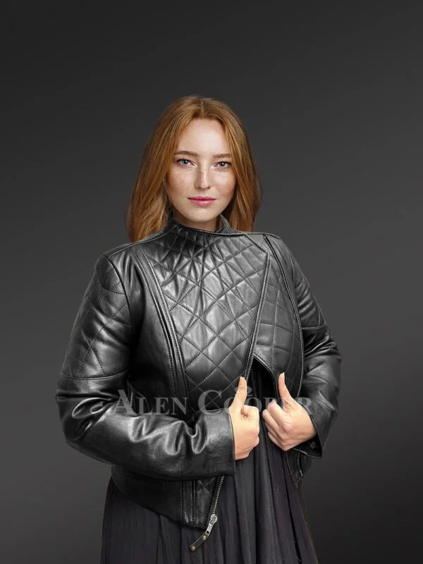 Women’s Biker Leather Jacket with Quilted Sleeves - Image 3